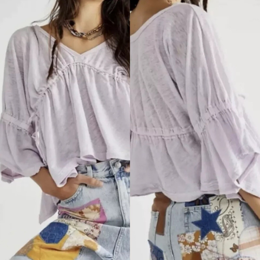 Free People Sand Storm Crop Slub Knit Boho Lilac Linen Cotton Sharkbite Top S